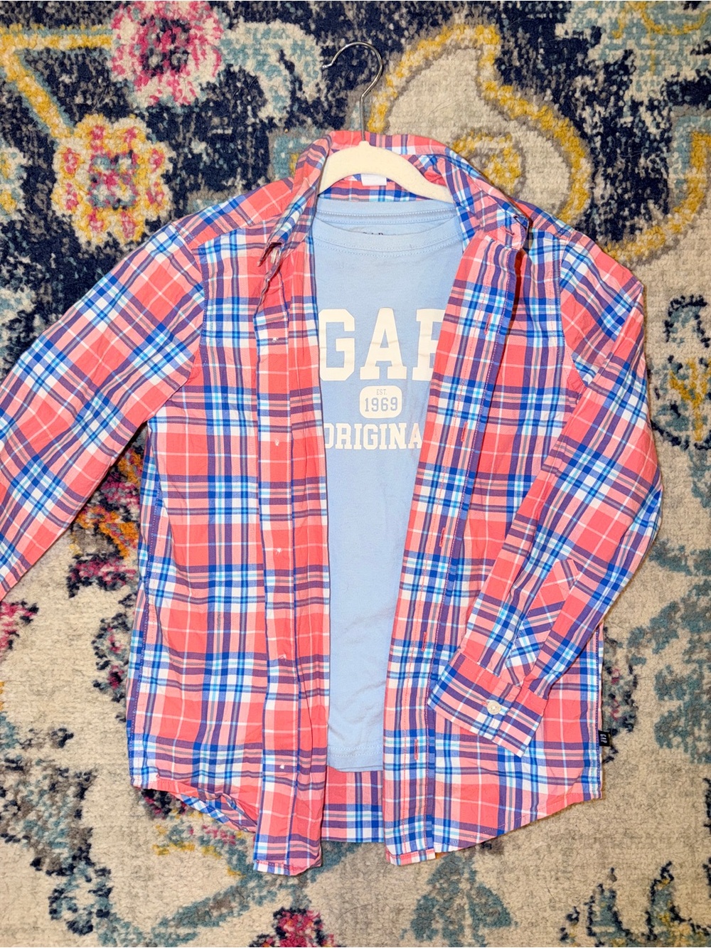 GAP Kids 2-Piece Outfit | Plaid Button Down Shirt + Blue Graphic Tee